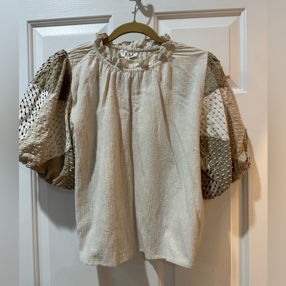 THML Beige Blouse with Patterned Sleeves